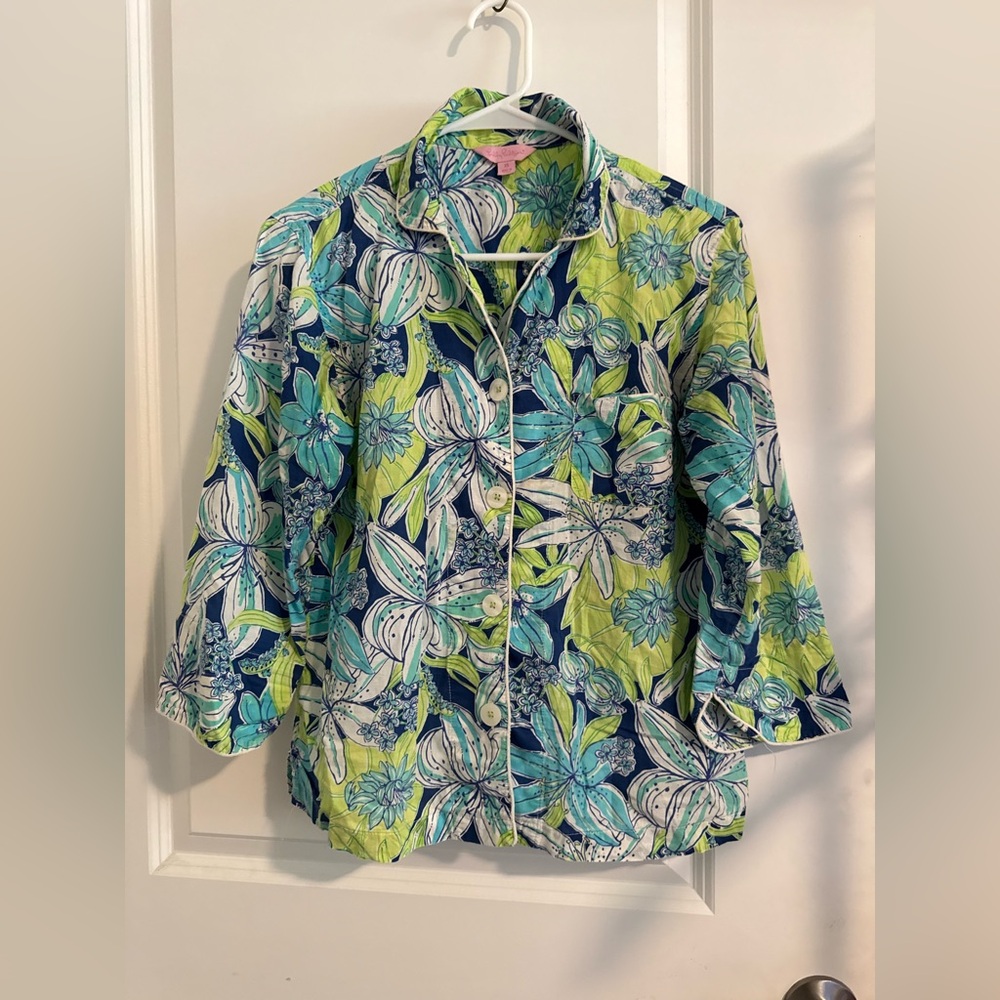 Lilly Pulitzer Blue and Green Floral Button Down Shirt